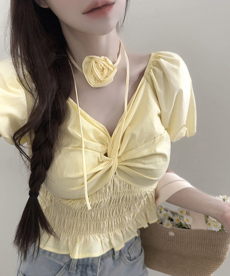 【タイ付き】ローズコサージュVネックパフ半袖ブラウス YELLOW