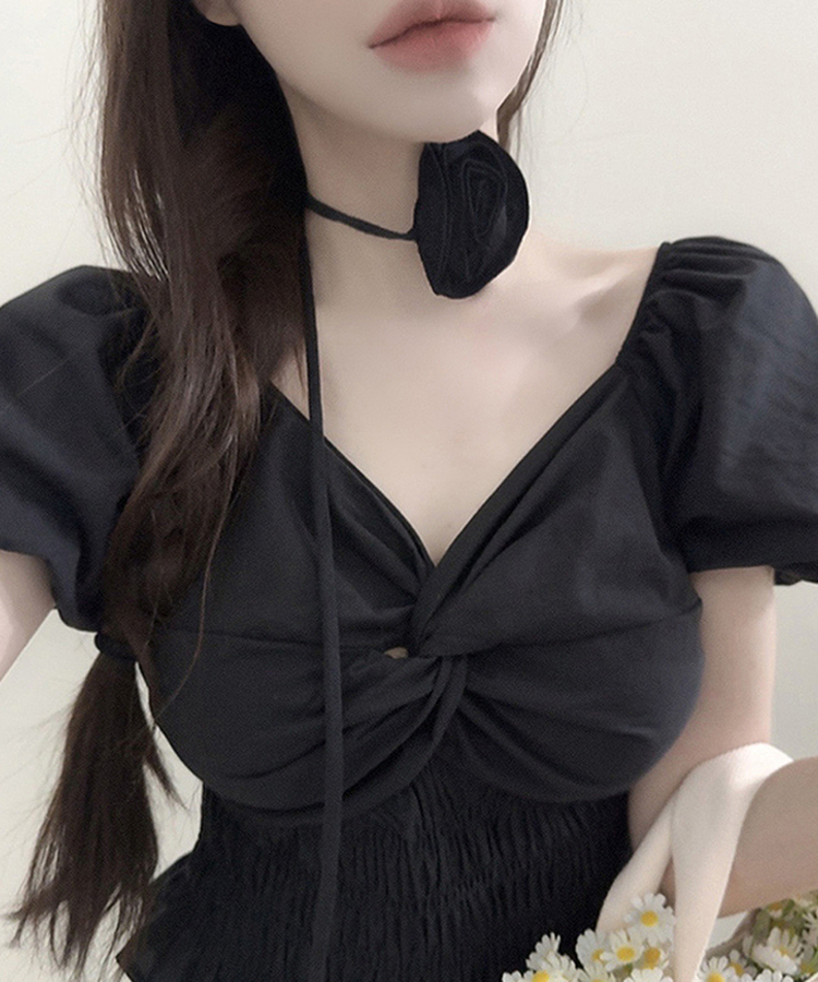 【タイ付き】ローズコサージュVネックパフ半袖ブラウス BLACK