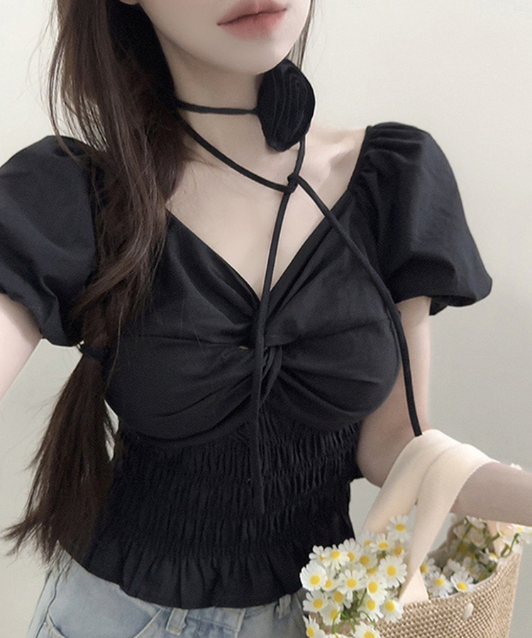 【タイ付き】ローズコサージュVネックパフ半袖ブラウス BLACK