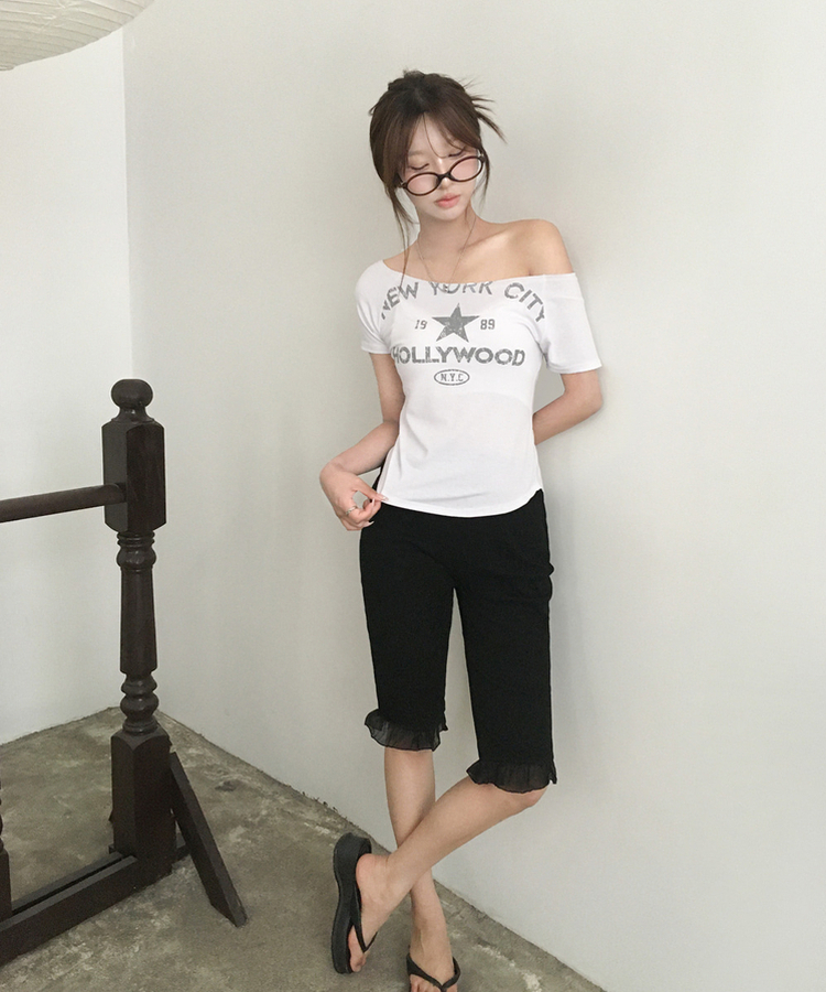 プリントボートネックオフショル半袖Tシャツ IVORY