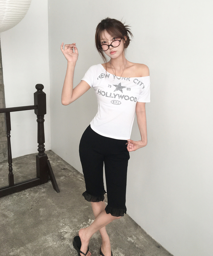 プリントボートネックオフショル半袖Tシャツ IVORY