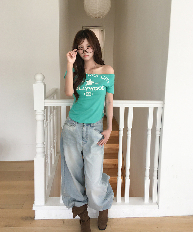 プリントボートネックオフショル半袖Tシャツ MINT
