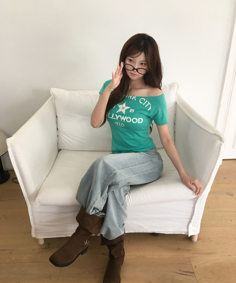 プリントボートネックオフショル半袖Tシャツ MINT