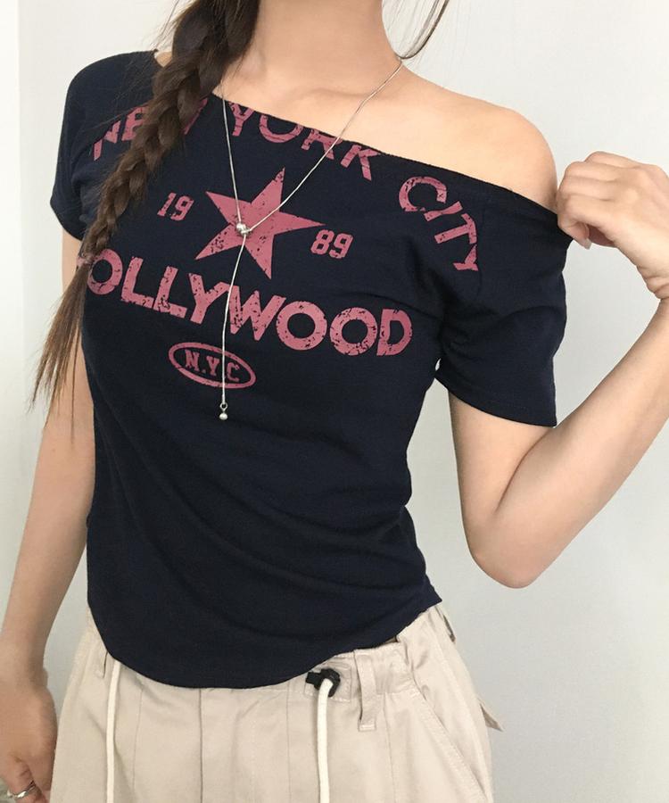 プリントボートネックオフショル半袖Tシャツ NAVY