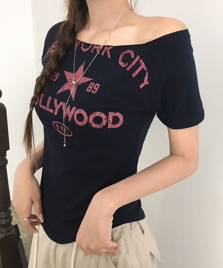 プリントボートネックオフショル半袖Tシャツ NAVY