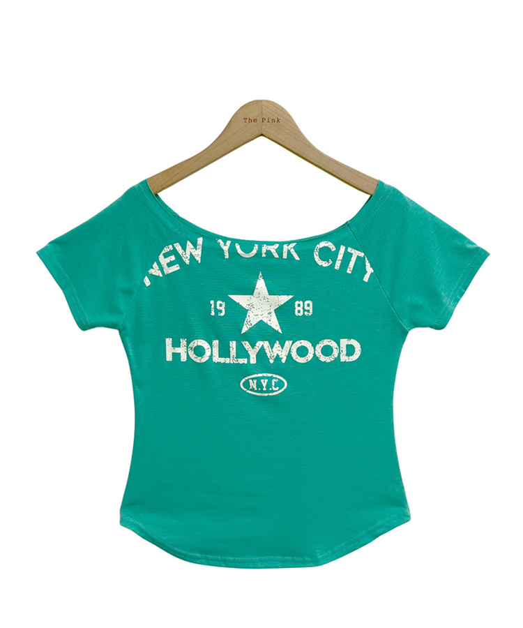プリントボートネックオフショル半袖Tシャツ