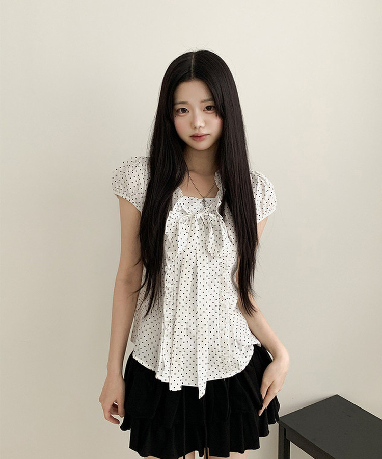 ドットリボンフリル半袖ブラウス WHITE