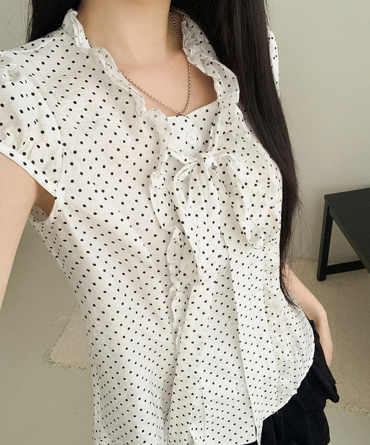 ドットリボンフリル半袖ブラウス WHITE