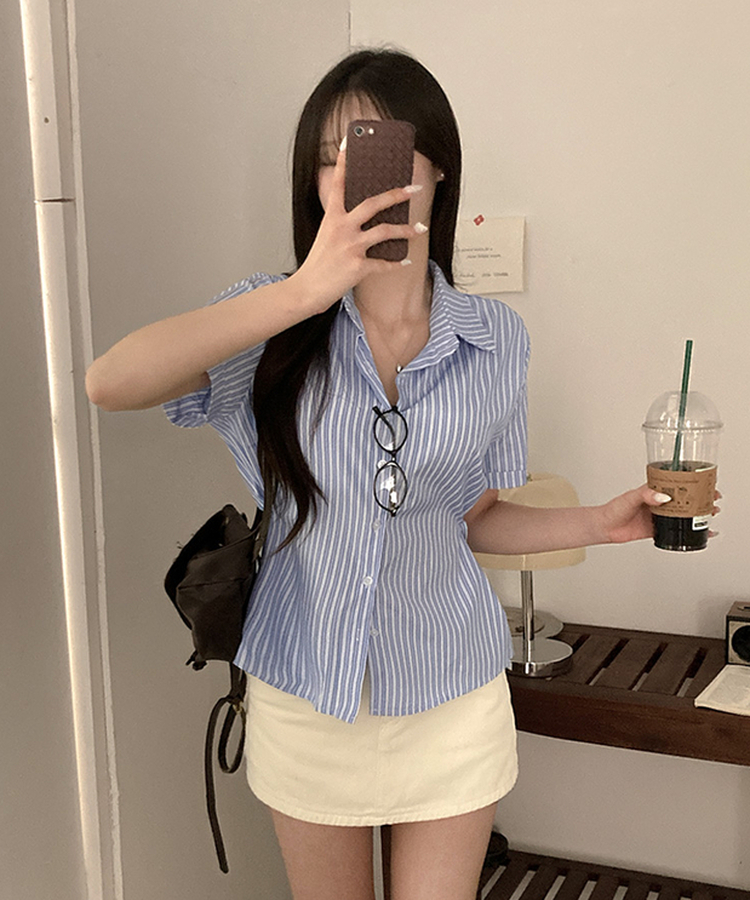 サイドボタンストライプ半袖シャツ BLUE