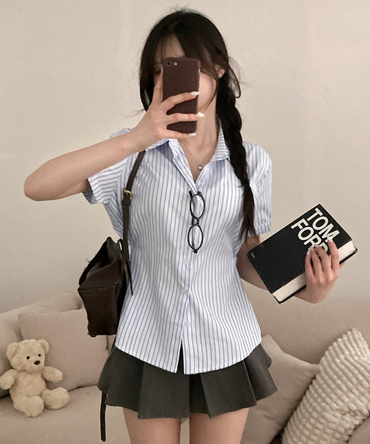 サイドボタンストライプ半袖シャツ WHITE