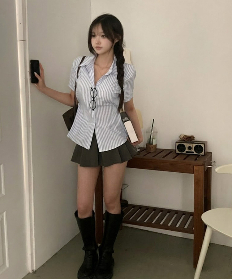 サイドボタンストライプ半袖シャツ WHITE