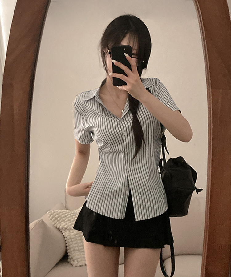 サイドボタンストライプ半袖シャツ BLACK
