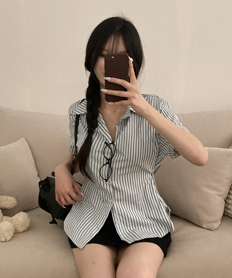 サイドボタンストライプ半袖シャツ BLACK