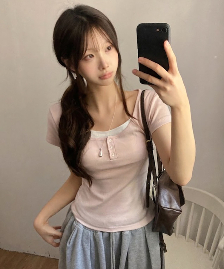 스토리 배색 버튼 이너티 레이어드 반팔 티셔츠 핑크