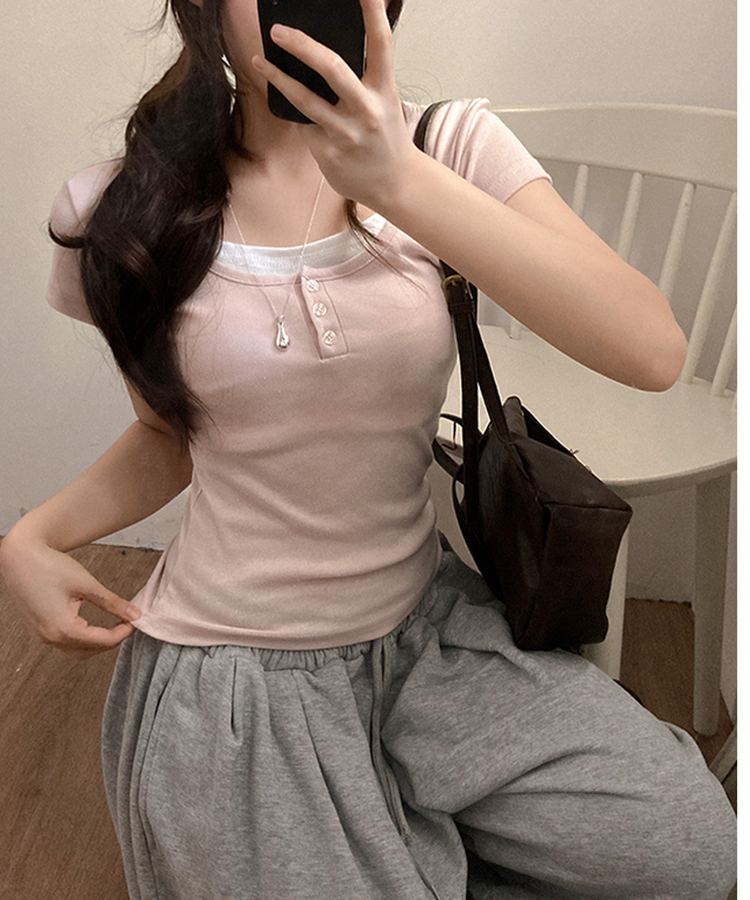 스토리 배색 버튼 이너티 레이어드 반팔 티셔츠 핑크