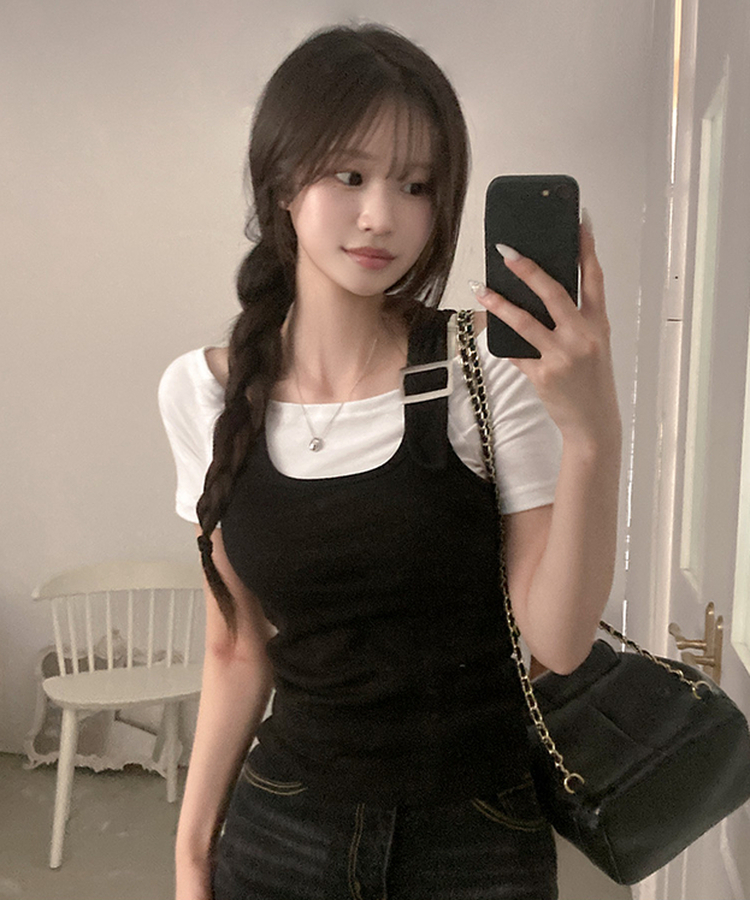 조이비 버클 나시 오프 반팔 투피스 세트 블랙