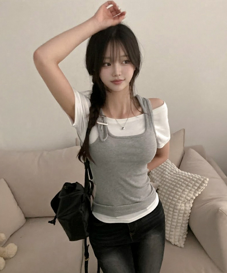 조이비 버클 나시 오프 반팔 투피스 세트 그레이