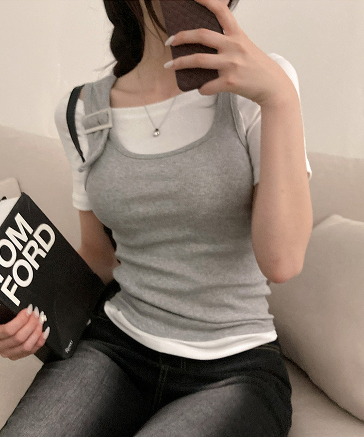 조이비 버클 나시 오프 반팔 투피스 세트 그레이