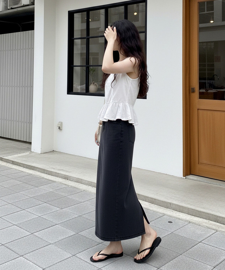 【丈別】バックスリットロングスカート BLACK DENIM