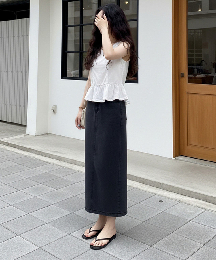 【丈別】バックスリットロングスカート BLACK DENIM