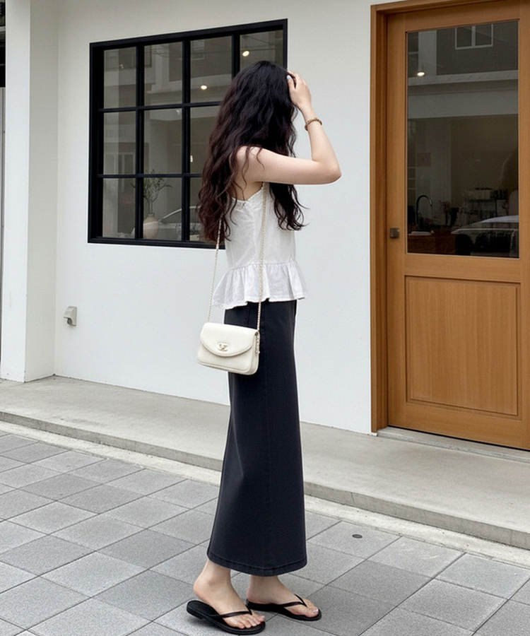 【丈別】バックスリットロングスカート BLACK DENIM