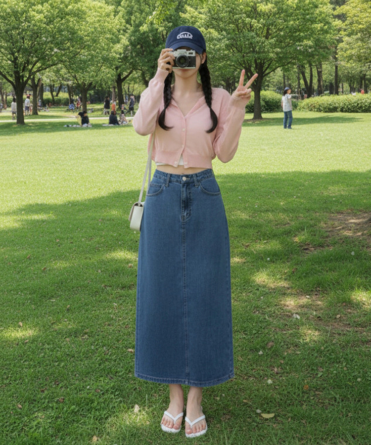 【丈別】バックスリットロングスカート MID DENIM