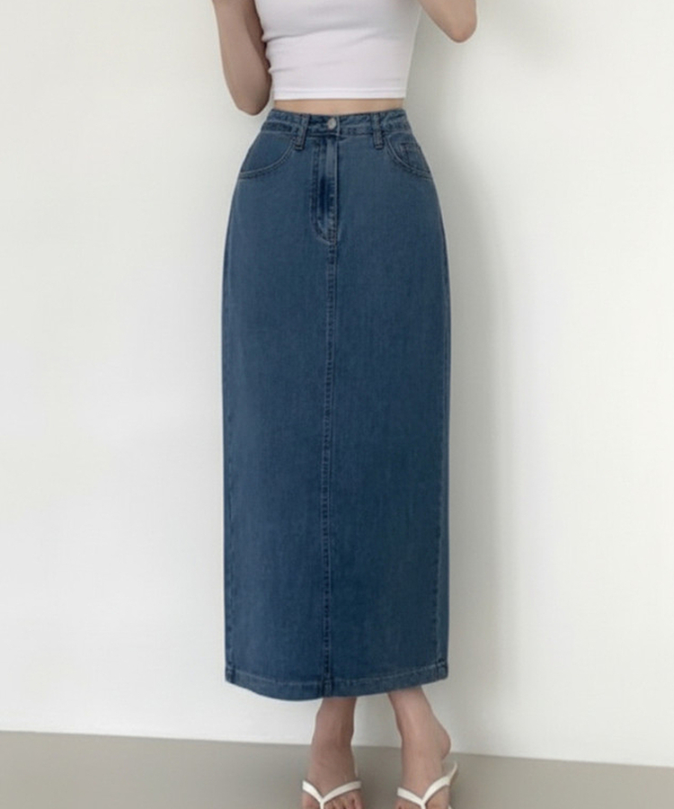 【丈別】バックスリットロングスカート MID DENIM