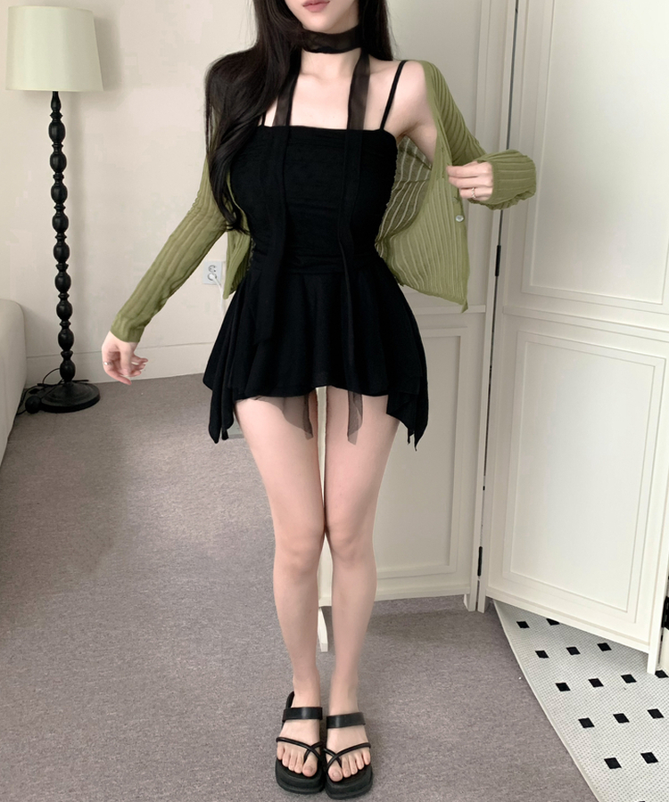 워터 셔링 쉬폰 언발 플레어 나시 슬리브리스 머플러 타이 세트 5colors 블랙