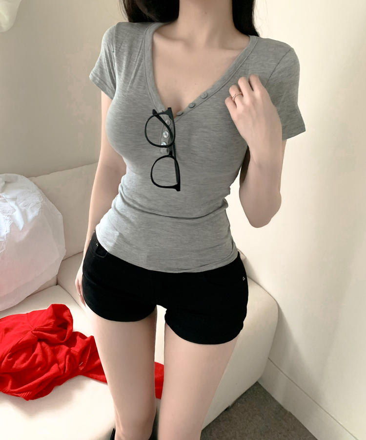 ディープVネックボタンキャップスリーブTシャツ GREY