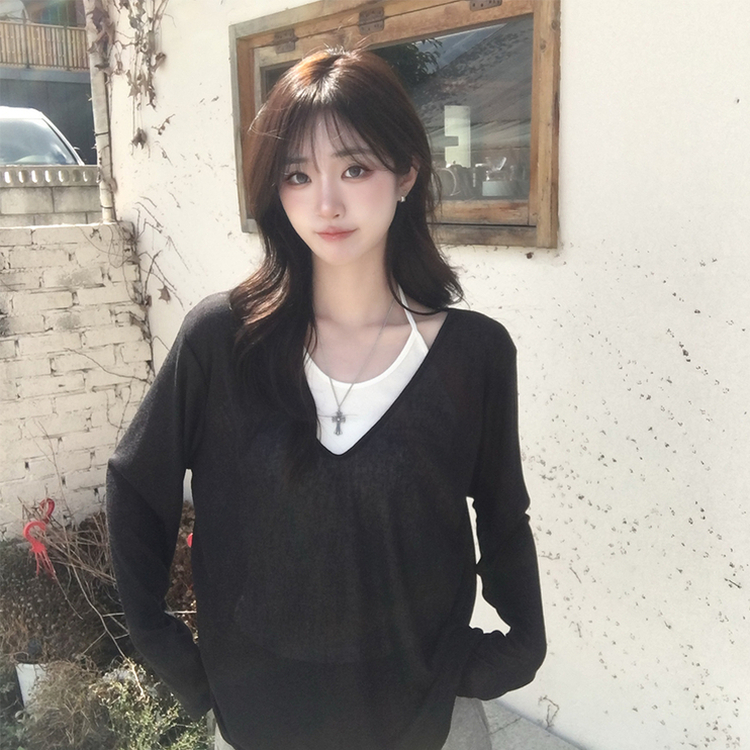 살탐방지 스위밍 딥 브이넥 여름 긴팔 티셔츠 시스루 루즈핏 긴팔티 오버핏 비키니 커버업 상의 햇빛차단 쿨 슬럽티 6color 블랙