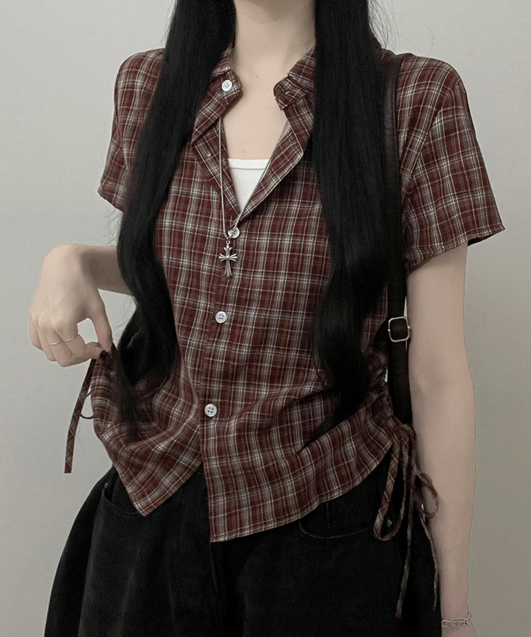 チェックストリング半袖セミクロップシャツ DARK RED