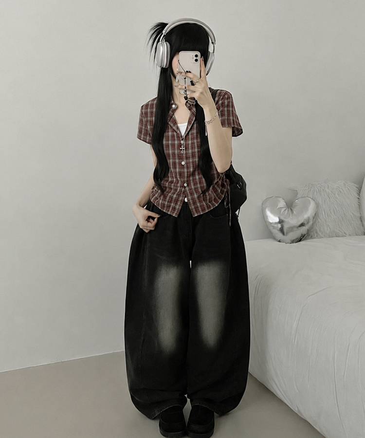 チェックストリング半袖セミクロップシャツ DARK RED