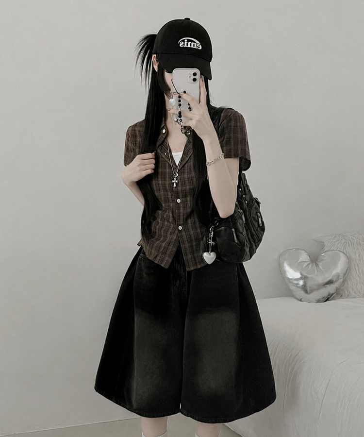 チェックストリング半袖セミクロップシャツ BROWN