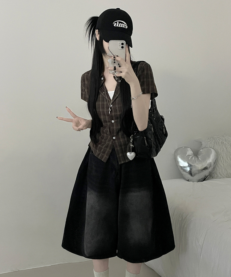 チェックストリング半袖セミクロップシャツ BROWN