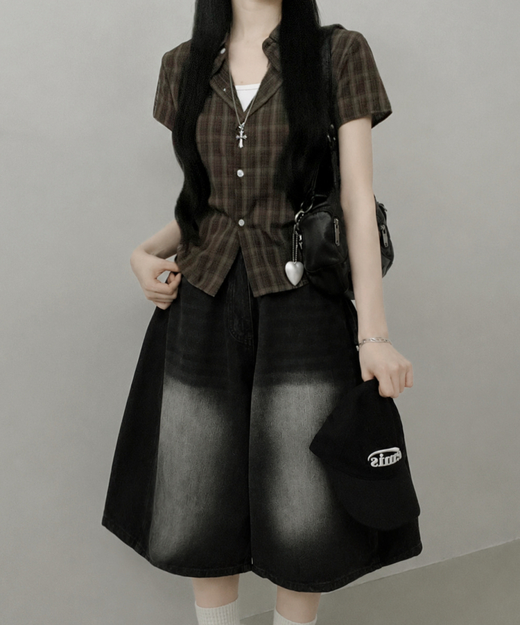 チェックストリング半袖セミクロップシャツ BROWN