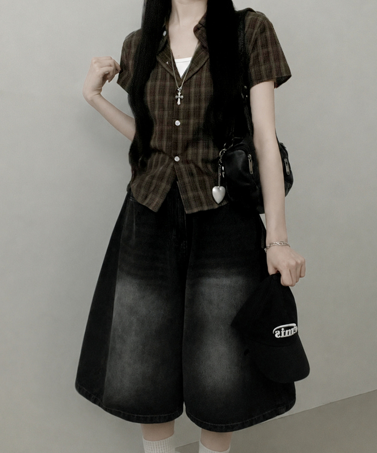 チェックストリング半袖セミクロップシャツ BROWN