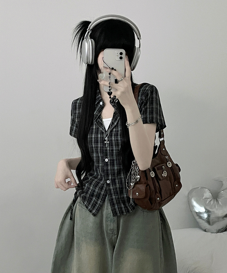 チェックストリング半袖セミクロップシャツ BLACK