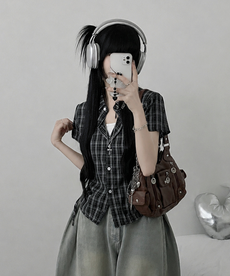 チェックストリング半袖セミクロップシャツ BLACK