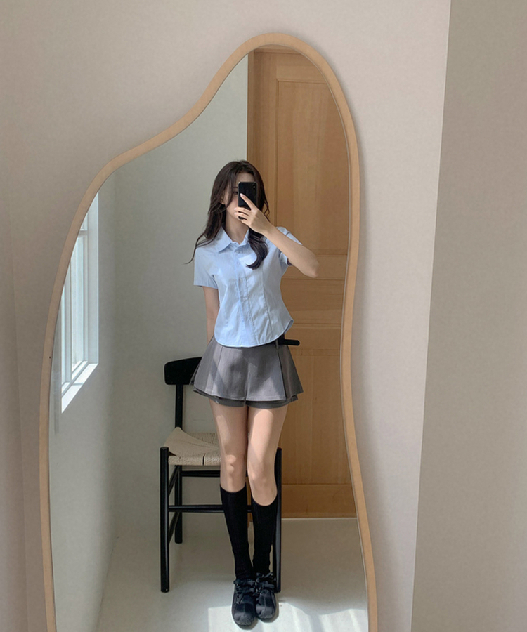 ストライプカラーネック半袖シャツブラウス SKY BLUE