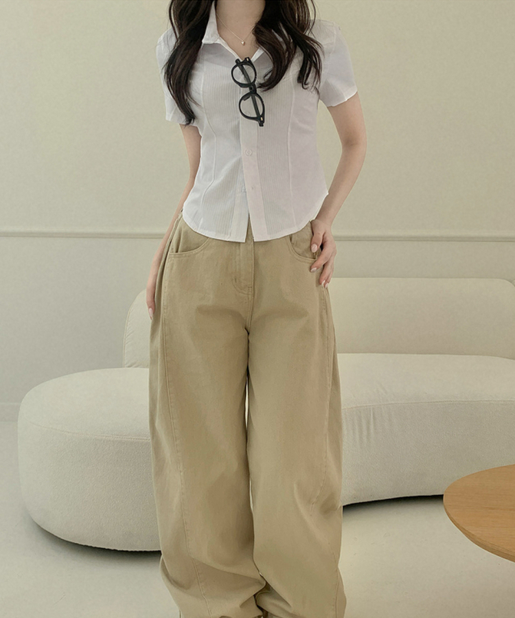 ストライプカラーネック半袖シャツブラウス WHITE