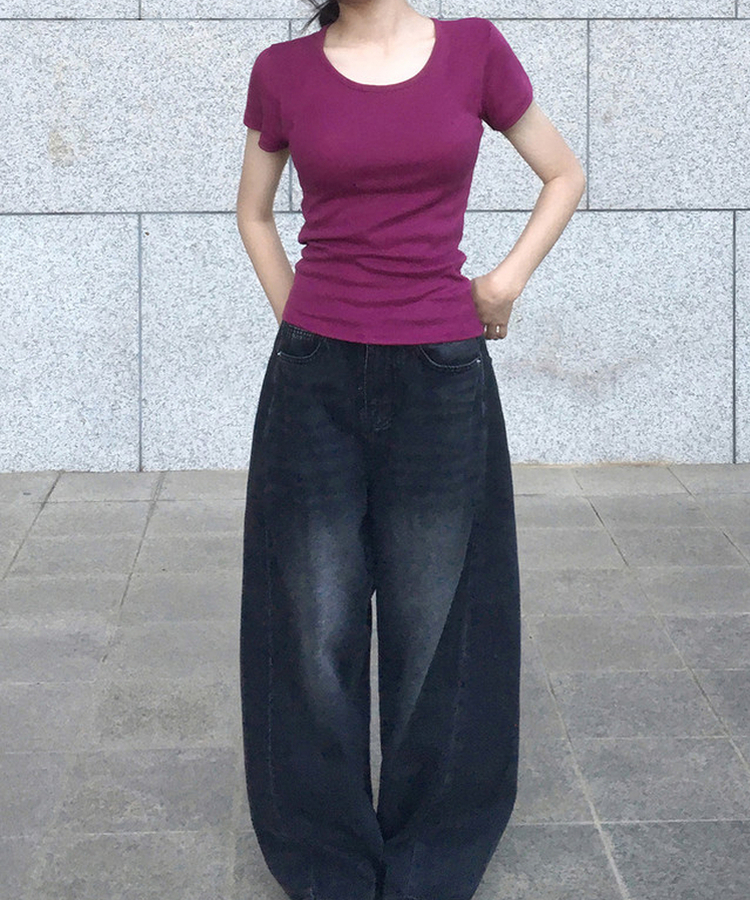 ベーシックUネック半袖Tシャツ(12color) PURPLE