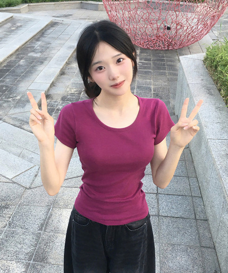ベーシックUネック半袖Tシャツ(12color) PURPLE