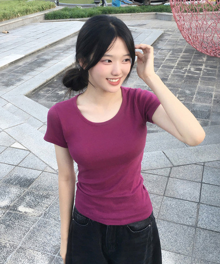ベーシックUネック半袖Tシャツ(12color) PURPLE