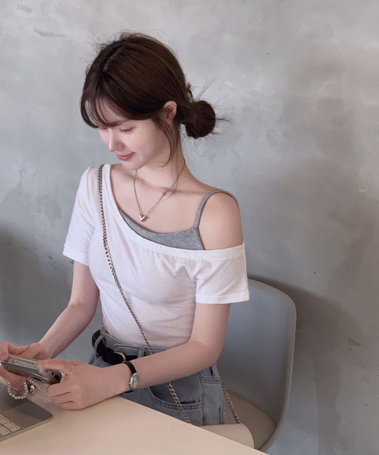 ワンショルダーレイヤード半袖Tシャツ IVORY