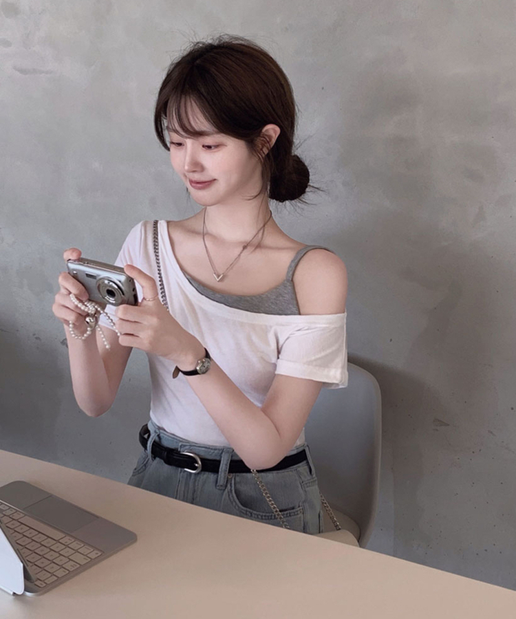 ワンショルダーレイヤード半袖Tシャツ IVORY