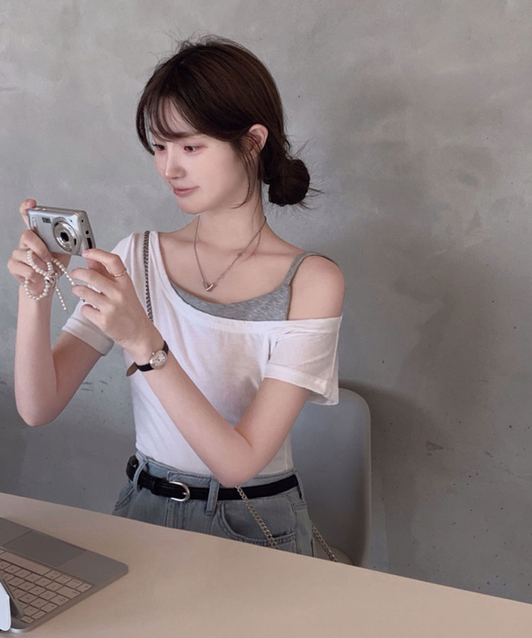 ワンショルダーレイヤード半袖Tシャツ IVORY