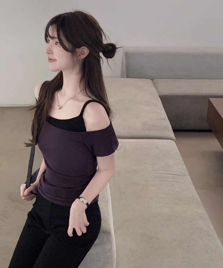 ワンショルダーレイヤード半袖Tシャツ BLACK