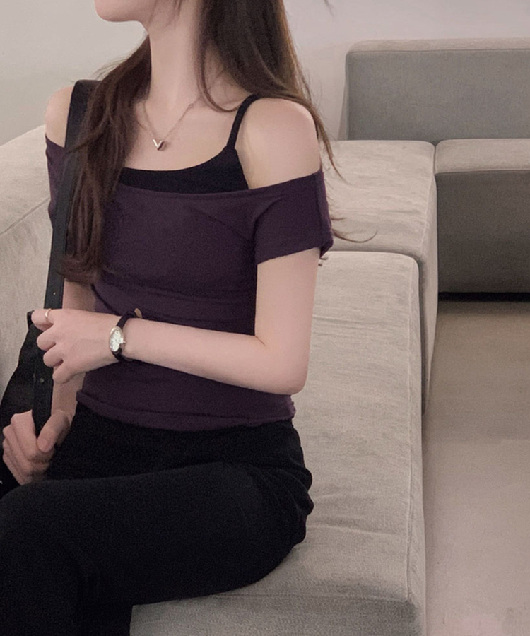 ワンショルダーレイヤード半袖Tシャツ BLACK