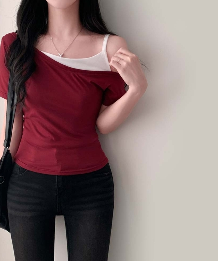 ワンショルダーレイヤード半袖Tシャツ RED