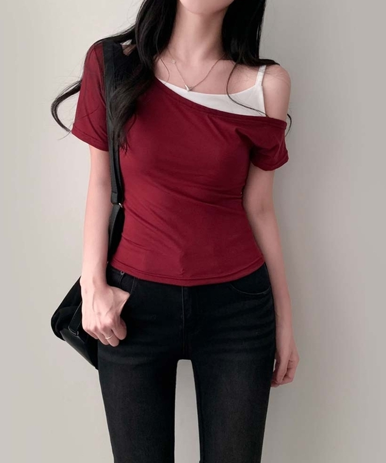 ワンショルダーレイヤード半袖Tシャツ RED